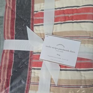 Pottery Barn Multi-Stripe Patchwork Quilt - Red, Gray, Cream Sham